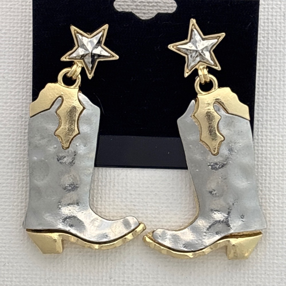 Earrings Cowboy Boot Two-Tone Metal Crystal Star Western Push Back New
